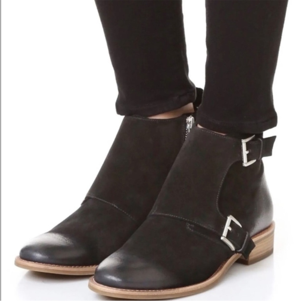 Michael Kors Adams Booties Boots Black Suede 7.5 Buckle Ankle Zip Monk Strap Zip